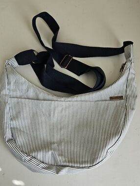 Striped Canvas Crossbody Bag with Navy Strap